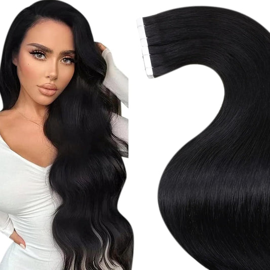 Laavoo Tape in Hair Extensions Human Hair Jet Black Tape in Extensions Human Hair Seamless Black Hair Extensions Real Human Hair 12Inch 20Pcs/30G
