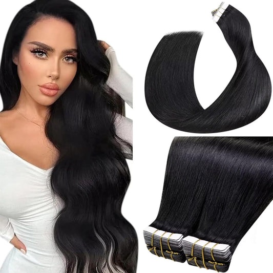 Laavoo Black Tape in Extensions Real Human Hair Tape Ins Human Hair Extensions Human Hair Tapes in Jet Black Hair Full Head Silky Soft 40 Pieces 14 Inch 100G