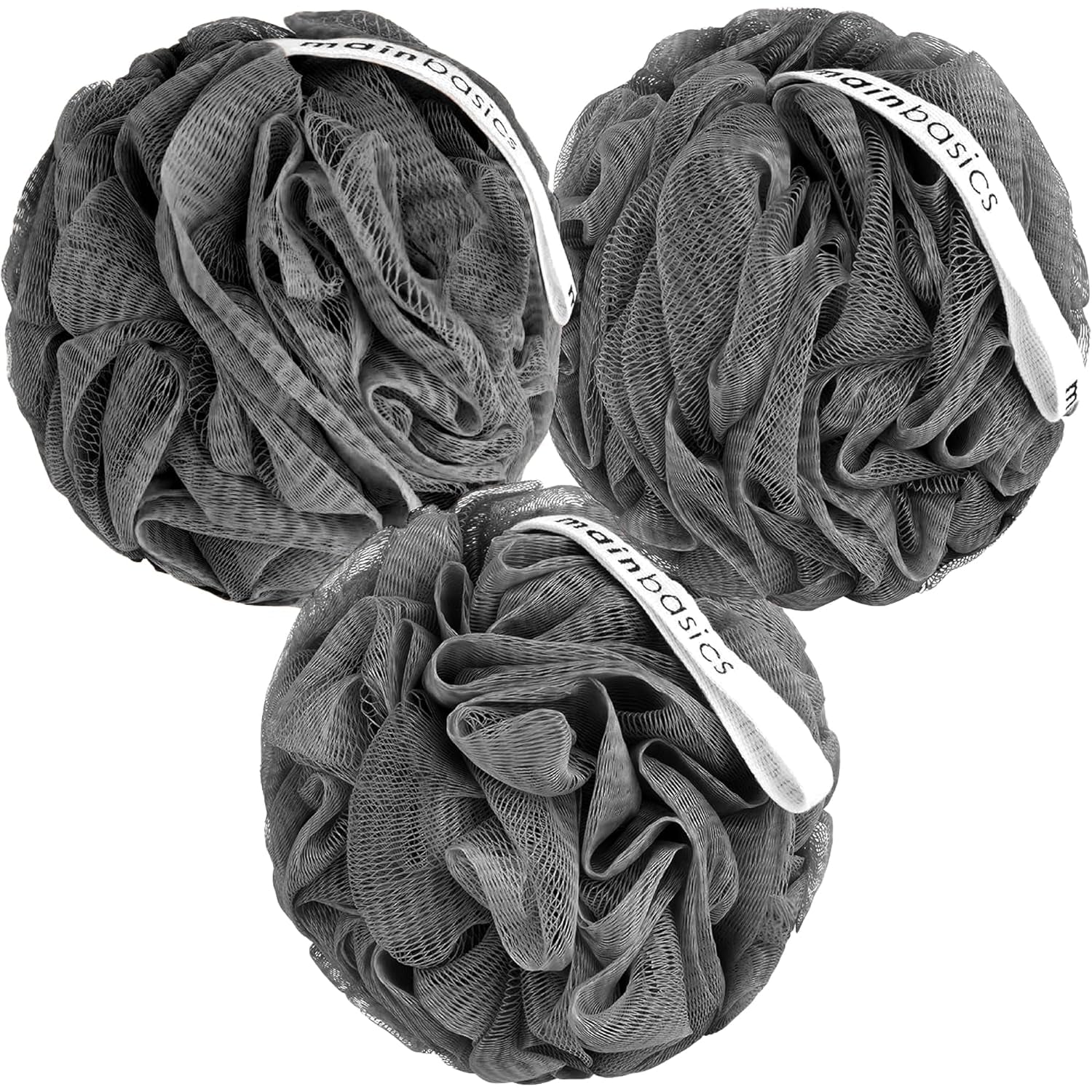 Mainbasics Charcoal Infused Bath Shower Loofah Sponge Pouf Body Wash Scrubber (Set of 3)
