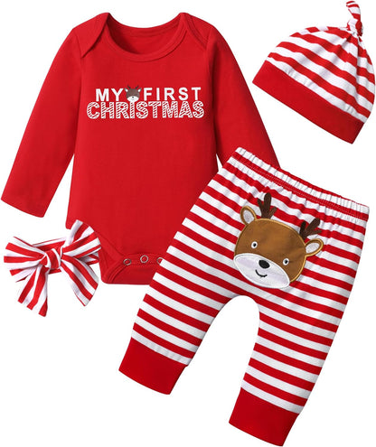Von Kilizo Baby Girl Christmas Outfit Baby Girl Long Sleeve Rompers Striped Pant Sets My First Christmas Baby Girl Outfit