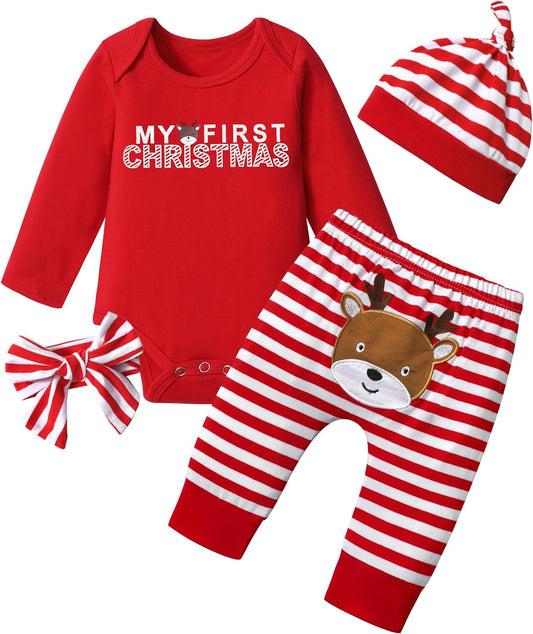 Von Kilizo Baby Girl Christmas Outfit Baby Girl Long Sleeve Rompers Striped Pant Sets My First Christmas Baby Girl Outfit