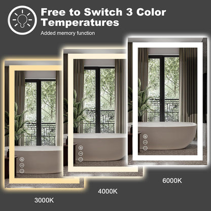 Amorho 48" X36" LED Bathroom Mirror with Black Frame, Front Light and Backlit(Controlled Separately), Stepless Dimmable, Anti-Fog, Shatter-Proof, 3 Colors, Memory