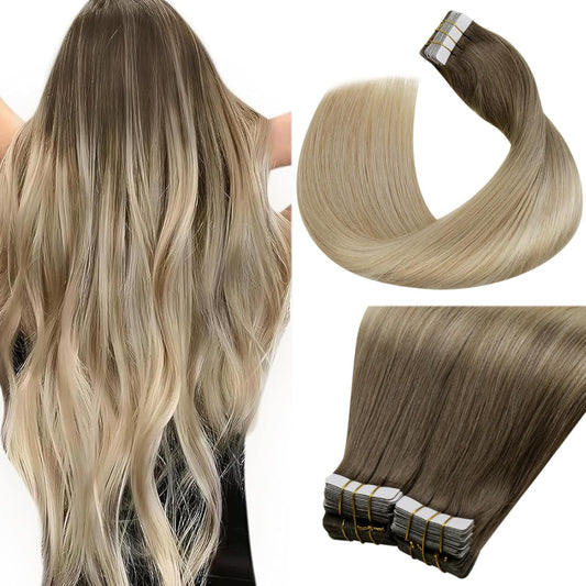 Laavoo Tape in Hair Extensions Human Hair Tape in Extensions Balayage Brown to Ash Blonde Mix Platinum Blonde 14 Inch 40Pcs 100G