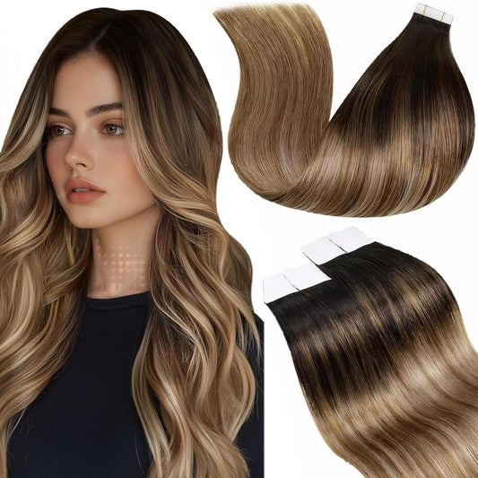 Laavoo Tape in Hair Extensions Human Hair Ombre Tape in Hair Extensions Real Human Hair Tape on Extensions Dark Brown to Medium Brown Mix Golden Brown 18 Inch 20Pcs 50G