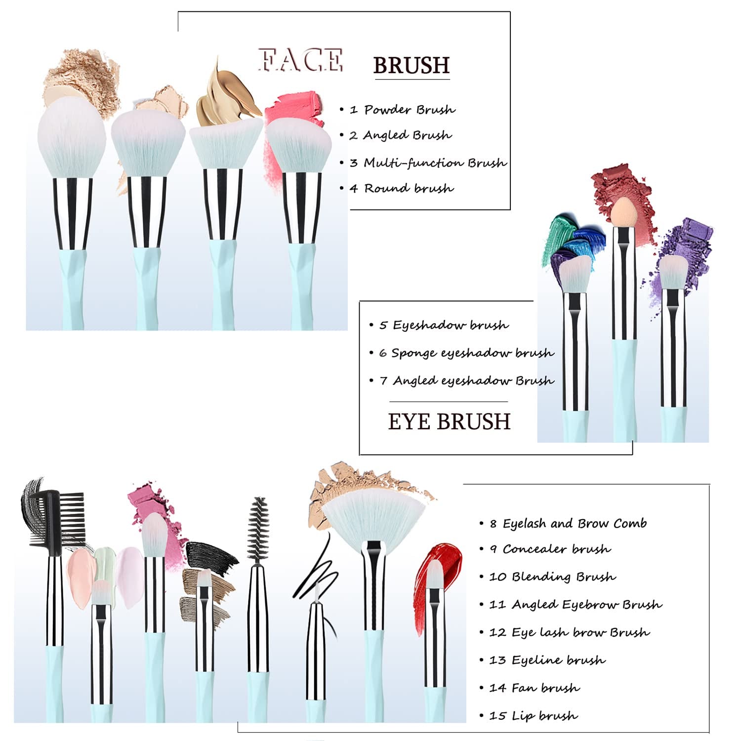111 Pink Blue Gradient Makeup Brushes and Makeup Sponges Set 18Pcs/Set ，Soft Synthetic Fiber Makeup Brush Set，Suitable for Beginners/Makeup Artists, Valentine'S Day, Christmas Gifts