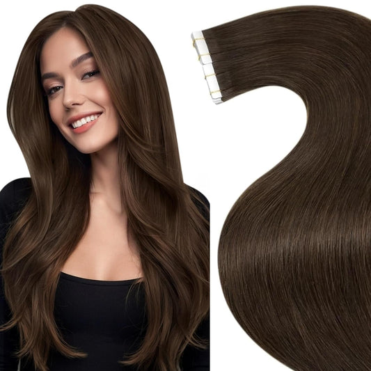 Laavoo Tape in Hair Extensions Human Hair Tape in Hair Extensions Brown 18 Inch Tape in Human Hair Extensions Dark Brown Sikly Straight #4 20 Pieces 50 Gram