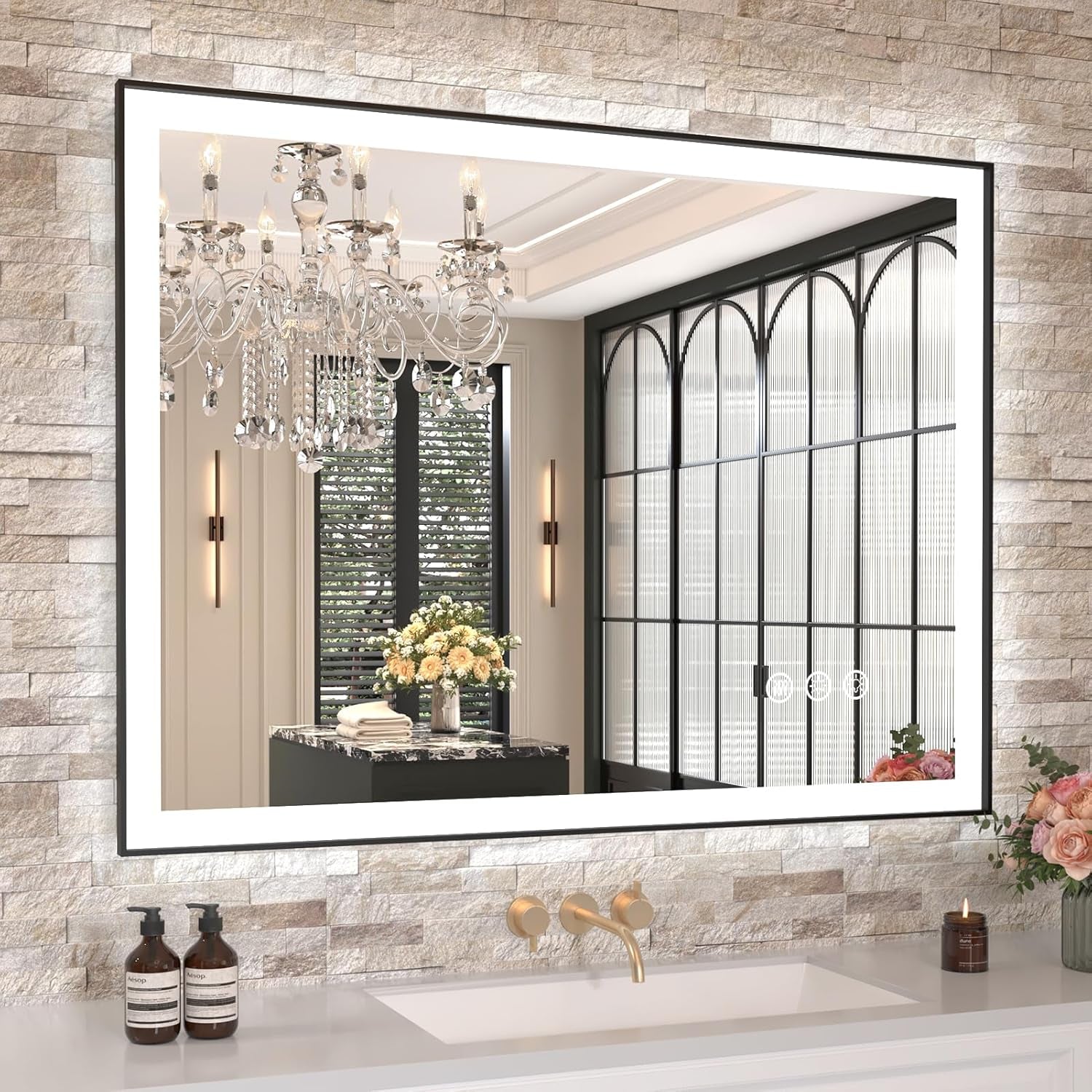 Amorho 40"X 30" LED Bathroom Mirror with Black Frame, Front Light and Backlit(Controlled Separately), Stepless Dimmable, Anti-Fog, Shatter-Proof, 3 Colors, Memory