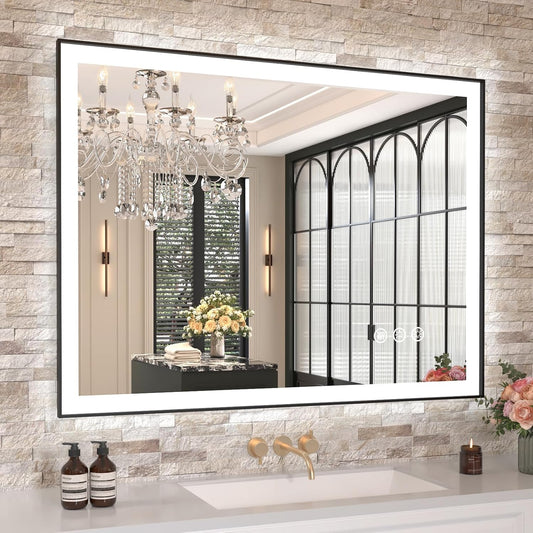Amorho 40"X 30" LED Bathroom Mirror with Black Frame, Front Light and Backlit(Controlled Separately), Stepless Dimmable, Anti-Fog, Shatter-Proof, 3 Colors, Memory