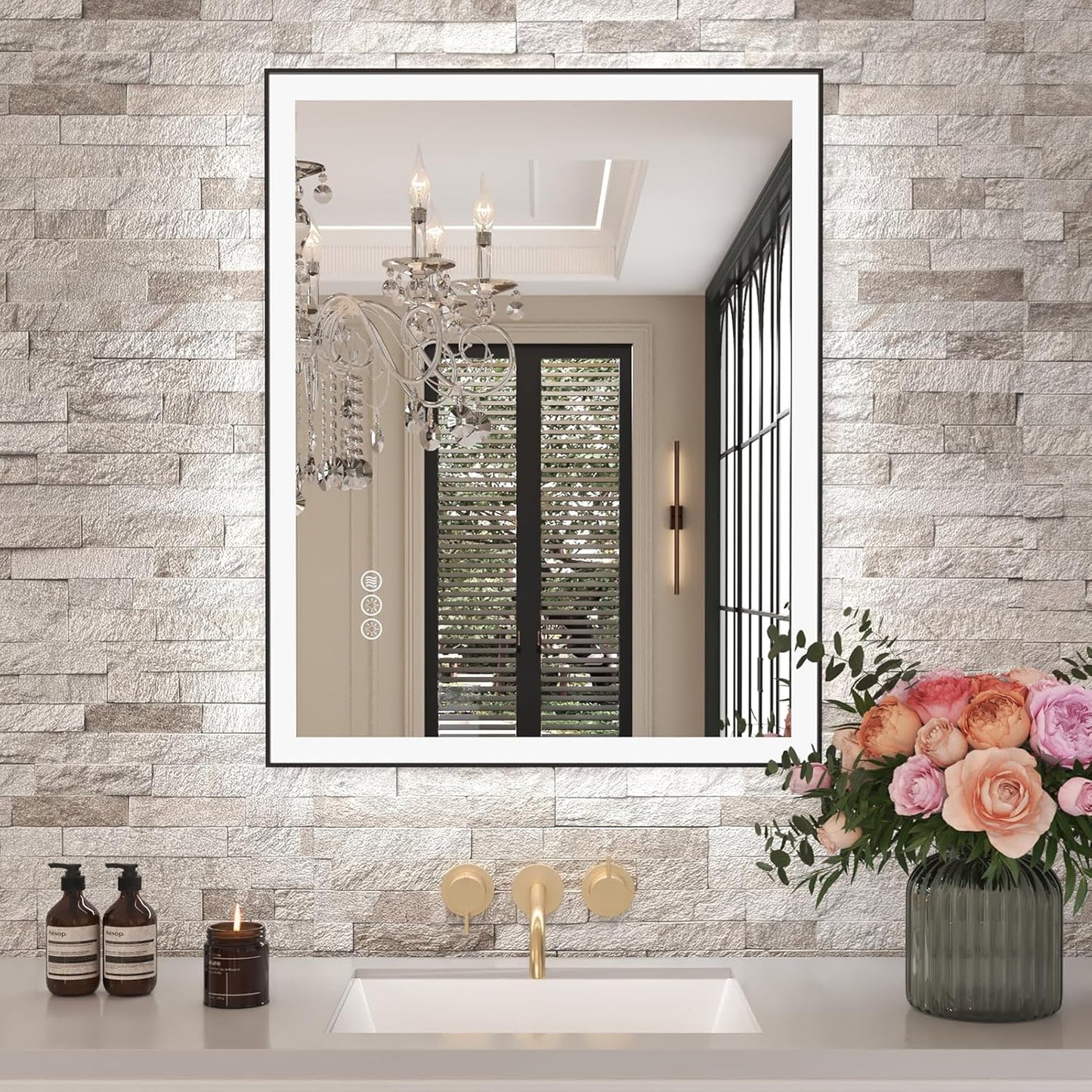 Amorho 28"X 36" LED Bathroom Mirror with Black Frame, Front Light and Backlit(Controlled Separately), Stepless Dimmable, Anti-Fog, Shatter-Proof, 3 Colors, Memory