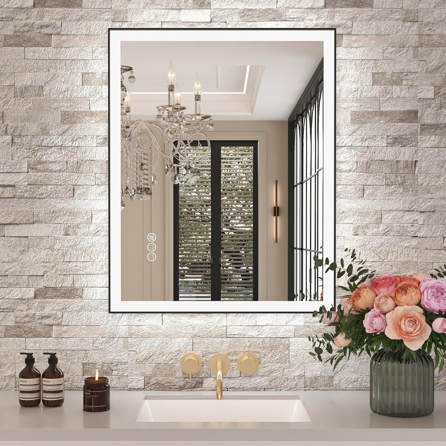 Amorho 28"X 36" LED Bathroom Mirror with Black Frame, Front Light and Backlit(Controlled Separately), Stepless Dimmable, Anti-Fog, Shatter-Proof, 3 Colors, Memory