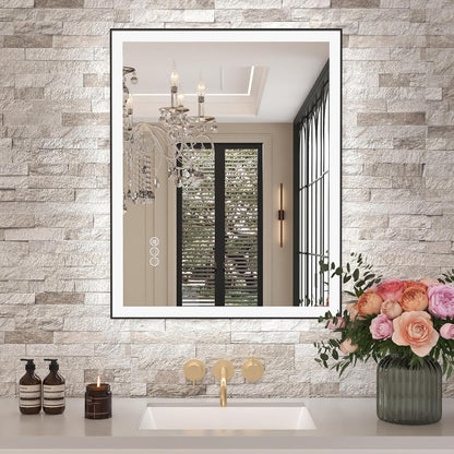 Amorho 28"X 36" LED Bathroom Mirror with Black Frame, Front Light and Backlit(Controlled Separately), Stepless Dimmable, Anti-Fog, Shatter-Proof, 3 Colors, Memory