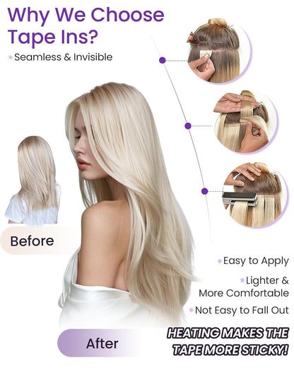 Laavoo Tape in Human Hair Extensions Dark Ash Blonde Highlighted with Light Blonde Invisible Tape in Hair Extensions Human Hair 40Pcs 100G 16 Inch