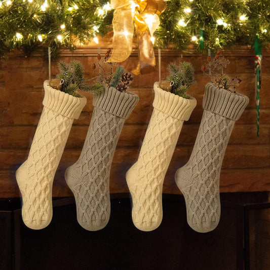Free Yoka Christmas Stockings Cable Knit Argyle Xmas Stockings 18 Inches Large Size Personalized Ivory White and Gray for Family Holiday Season Decor 4 Pack
