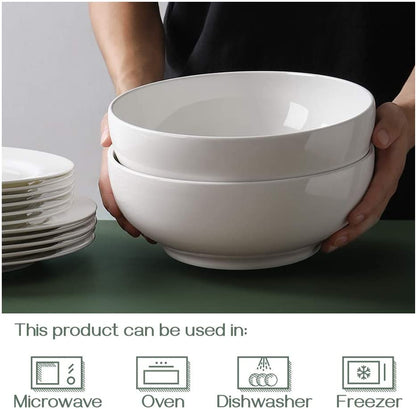 DOWAN Serving Bowls, 9.5" Large Salad Bowls for Entertaining, Side Dishes, Pho, Pasta, Centerpiece Bowls for Dinner Parties, Kitchen Decor, Microwave & Dishwasher Safe, White