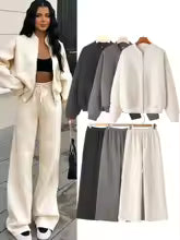 Women’s Fall 2-Piece Retro Set – Zip Bomber Jacket & High-Waist Lace-Up Wide Leg Pants