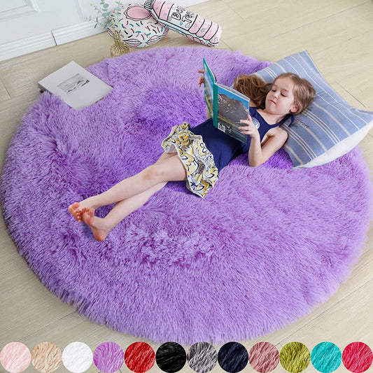 Amdrebio Purple round Rugs 4Ft for Girls Bedroom Decor Aesthetic, Fluffy Fuzzy Circle Area Rugs for Kids Room, Soft Cute Furry Plush Shaggy Throw Lavender Carpet for Living Room, Baby Nursery, Dorm