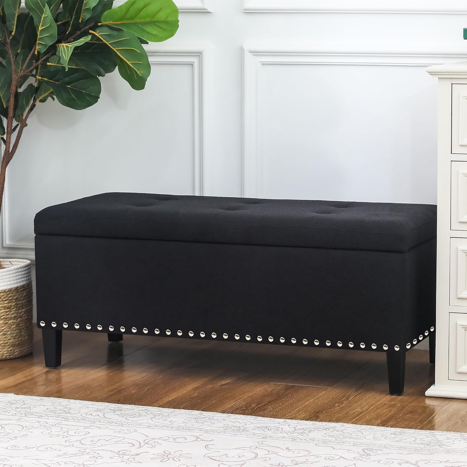 Joveco 41 Inches Storage Ottoman Bench,Leather Tufted Footstool Ottoman Bench with Nailhead Trim for Bedroom (Deep Green)