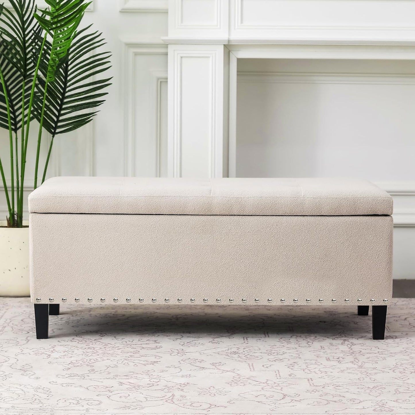 Joveco 41 Inch Storage Ottoman Bench, Cotton Linen Rectangle Tufted Long Foot Stool for Bedroom, End Foot of Bed, Light Beige