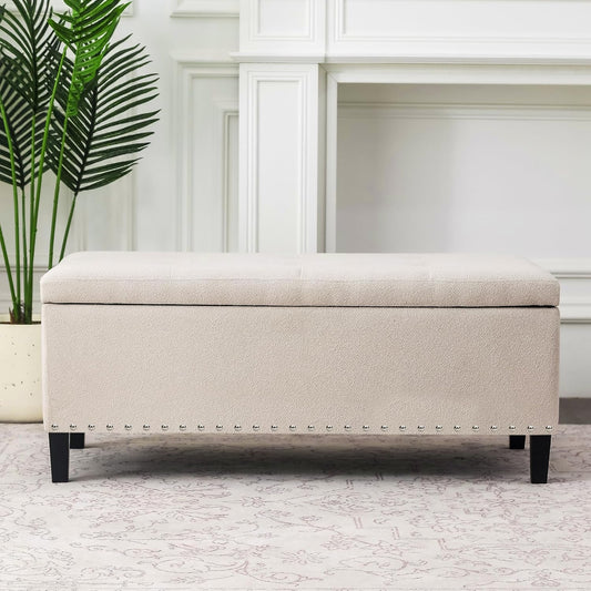 Joveco 41 Inch Storage Ottoman Bench, Cotton Linen Rectangle Tufted Long Foot Stool for Bedroom, End Foot of Bed, Light Beige