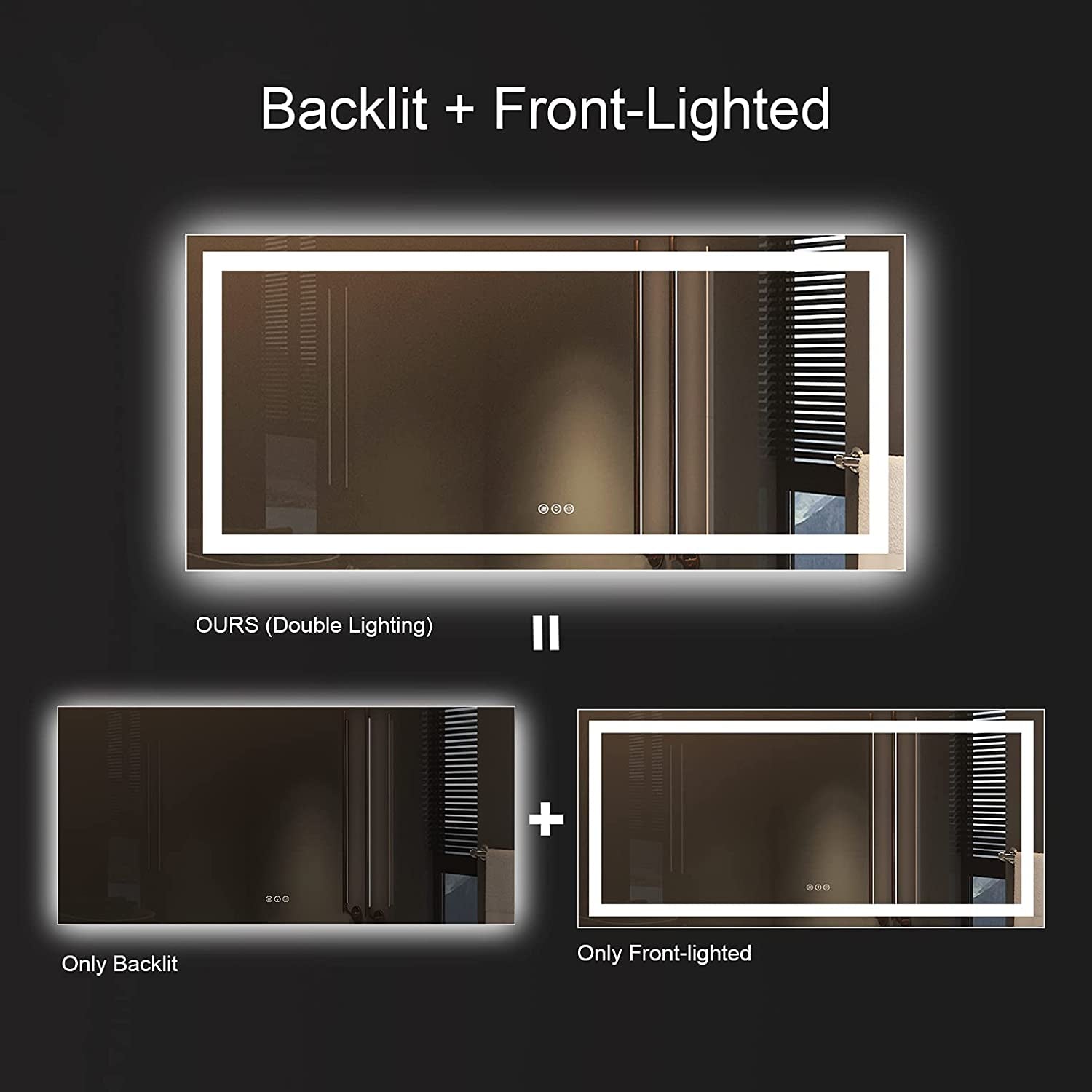 Amorho 48" X40" LED Bathroom Mirror with Black Frame, Front Light and Backlit(Controlled Separately), Stepless Dimmable, Anti-Fog, Shatter-Proof, 3 Colors, Memory