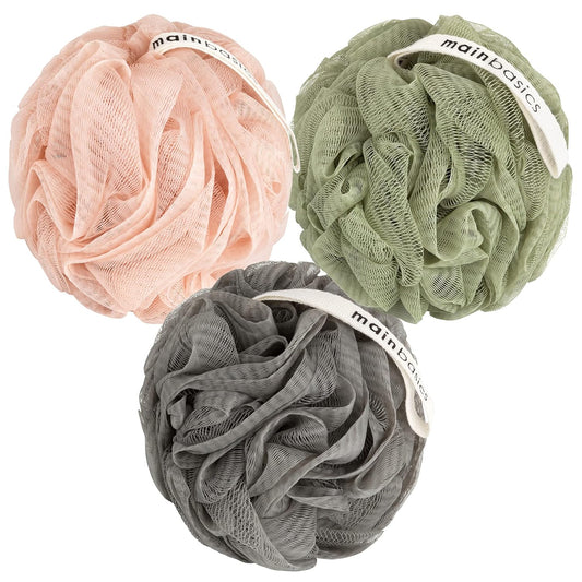 Mainbasics Bath Shower Loofah Sponge Pouf Body Scrubber Exfoliator Body Wash Sponge (Set of 3, Earthy Love)