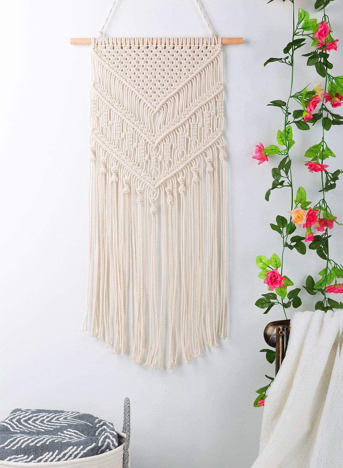 TIMEYARD Macrame Woven Wall Hanging - Boho Chic Bohemian Home Geometric Art Decor - Beautiful Apartment Dorm Room Decoration, 16" W X 33" L