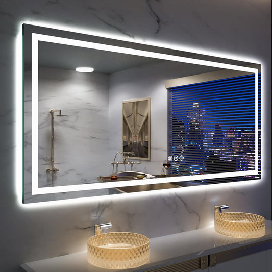 Amorho 72''X 40'' LED Mirror for Bathroom with Front and Backlight, Large Dimmable Wall Mirrors with Anti-Fog, Shatter-Proof, Memory, 3 Colors, Double LED Vanity Mirror