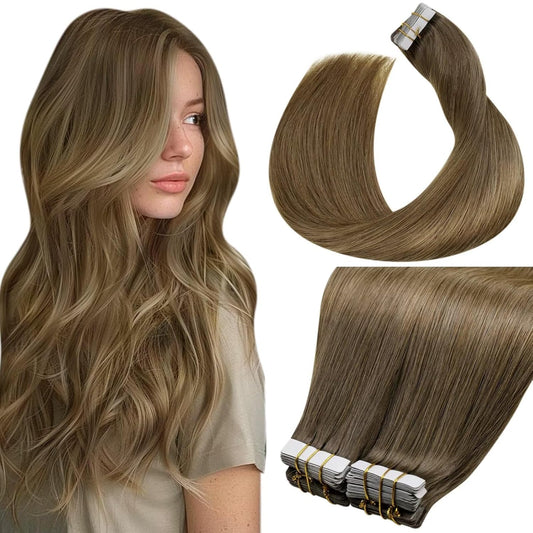 Laavoo Tape in Hair Extensions Human Hair Balayage Hair Extensions Tape in Medium Brown Ombre Light Brown Mix Golden Brown 24 Inch 40Pcs 100Gram