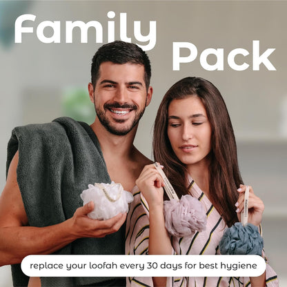 Mainbasics Bath Shower Loofah Sponge Pouf Body Scrubber Exfoliator Body Wash Sponge (Set of 3, Snow White)