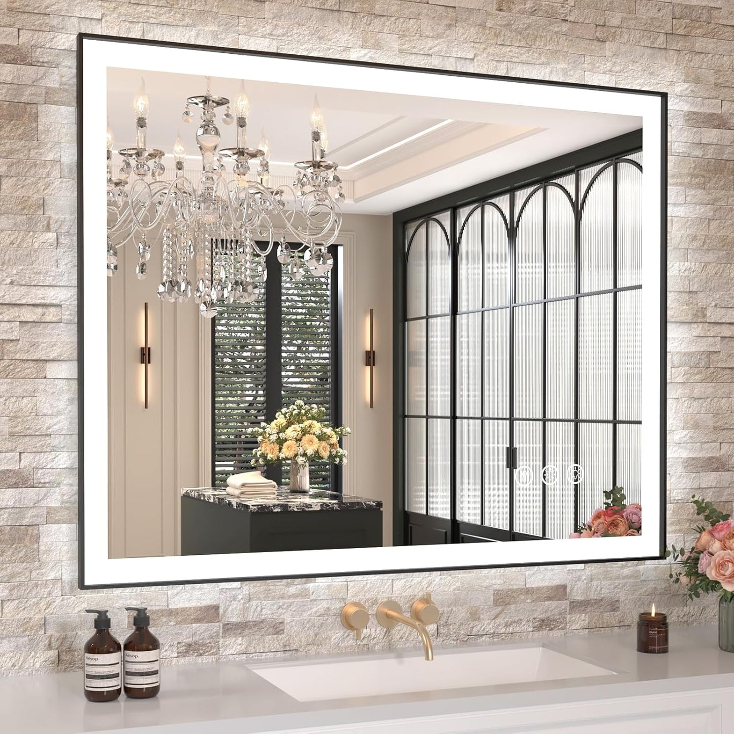 Amorho 40"X 32" LED Bathroom Mirror with Black Frame, Front Light and Backlit(Controlled Separately), Stepless Dimmable, Anti-Fog, Shatter-Proof, 3 Colors, Memory
