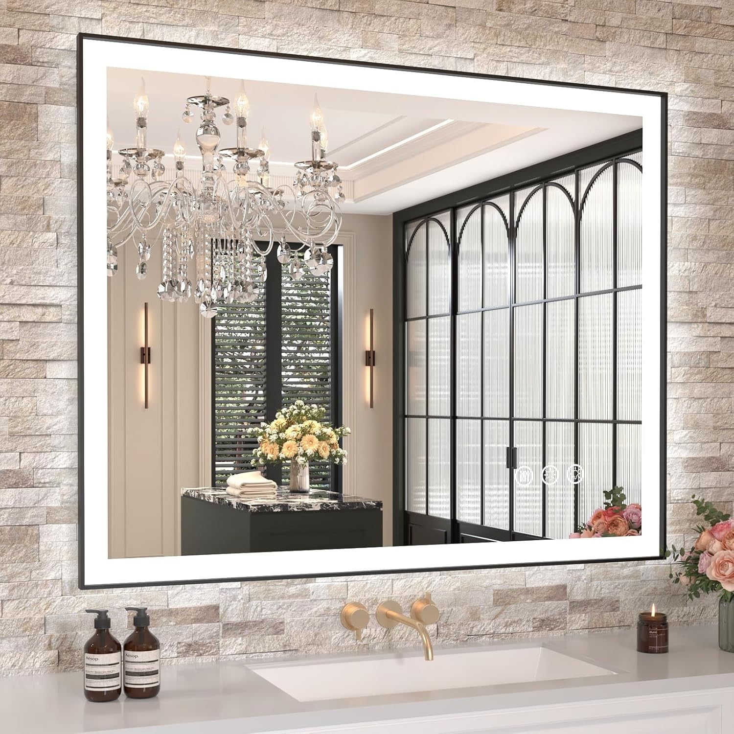 Amorho 40"X 32" LED Bathroom Mirror with Black Frame, Front Light and Backlit(Controlled Separately), Stepless Dimmable, Anti-Fog, Shatter-Proof, 3 Colors, Memory