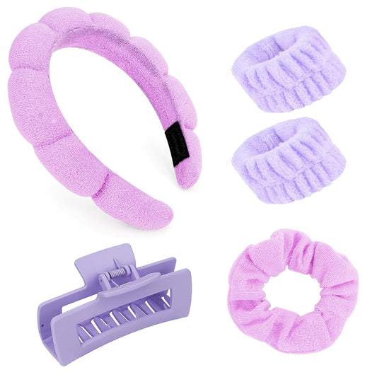 Ondder Purple Spa Headband and Wristband Set Makeup Spa Headband for Washing Face Bubble Skin Care Headbands Face Wash Sponge Puffy Headband Head Bands Hair Accessories for Women Girls