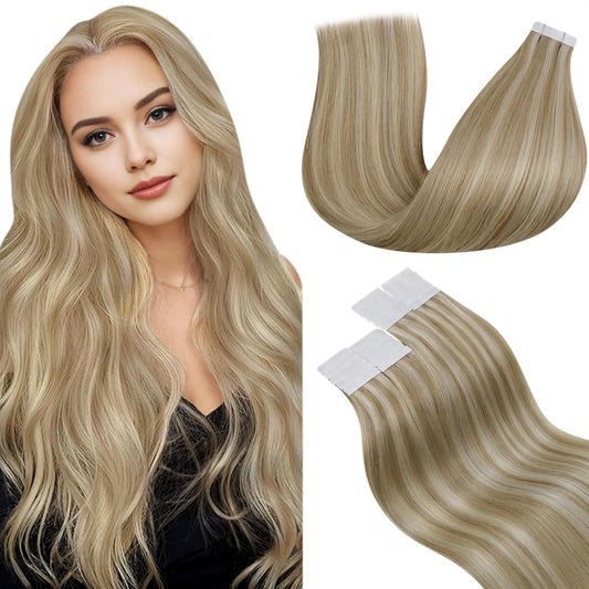 Laavoo Tape in Hair Extensions Human Hair Tape in Extensions Golden Brown Highlights Light Blonde Tape in Human Hair Extensions Soft 20Pcs 30G 12Inch