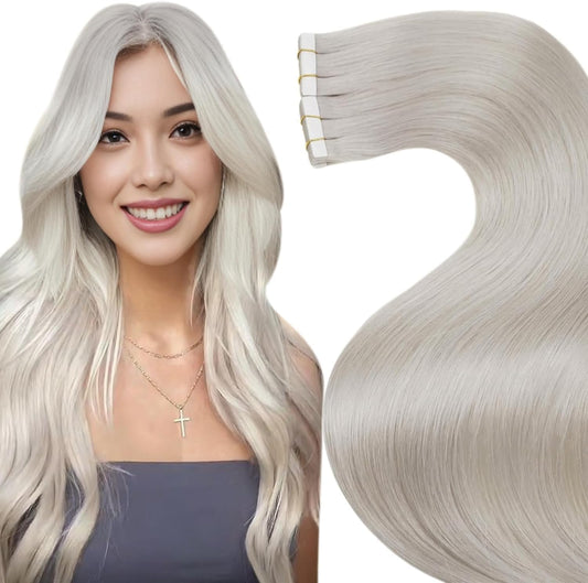 Laavoo Tape in Hair Extensions Human Hair Tape in Extensions Real Blonde Tape in Human Hair Extensions Platinum Blonde Seamless Straight 18Inch 50G 20Pcs