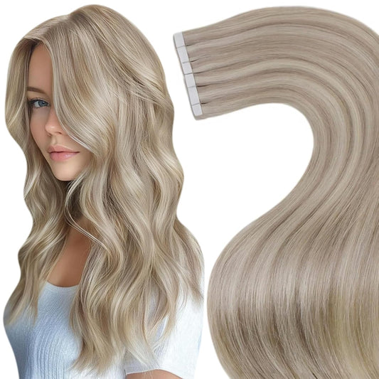 Laavoo Tape in Hair Extensions Real Human Hair Tape in Extensions Ombre Ash Blonde Highlights with Bleach Blonde Tape in Human Hair Extensions Seamless 20Pcs 50G 20Inch