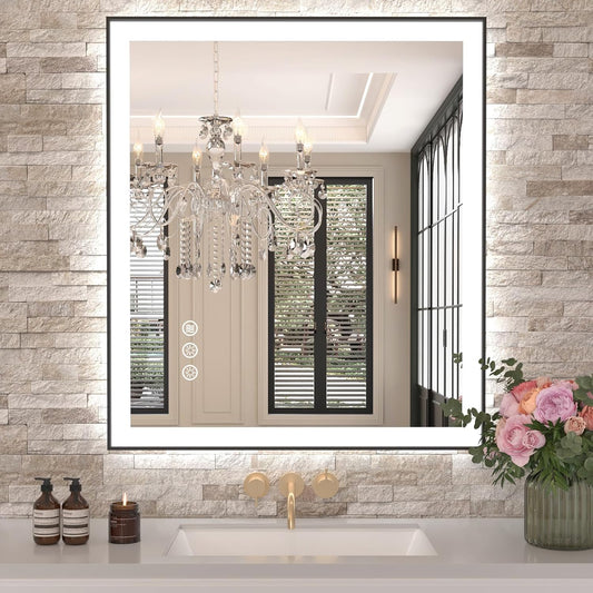 Amorho 28"X 32" LED Bathroom Mirror with Black Frame, Front Light and Backlit(Controlled Separately), Stepless Dimmable, Anti-Fog, Shatter-Proof, 3 Colors, Memory