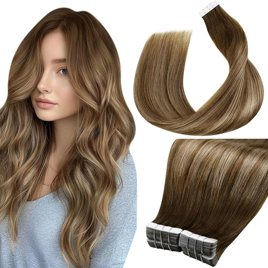 Laavoo Human Hair Tape in Extensions Ombre Invisible Tape in Hair Extensions Real Human Hair 100G Tape in Extensions Chestnut Brown to Light Blonde Silky Straight 40Pcs 16Inch