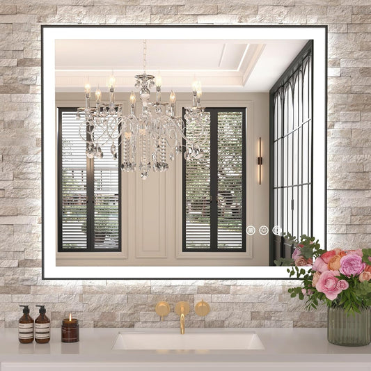 Amorho 36"X 32" LED Bathroom Mirror with Black Frame, Front Light and Backlit(Controlled Separately), Stepless Dimmable, Anti-Fog, Shatter-Proof, 3 Colors, Memory