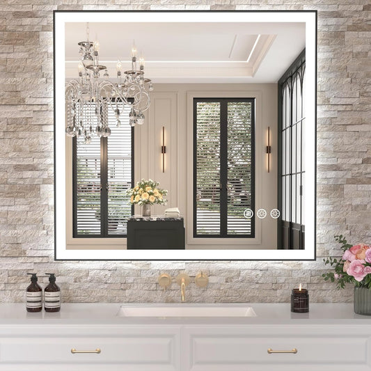 Amorho 40"X 38" LED Bathroom Mirror with Black Frame, Front Light and Backlit(Controlled Separately), Stepless Dimmable, Anti-Fog, Shatter-Proof, 3 Colors, Memory