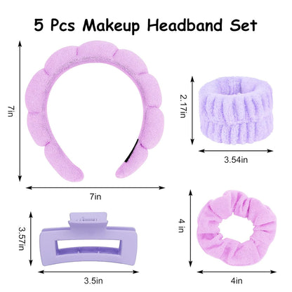 Ondder Pink Spa Headband and Wristband Set Makeup Spa Headband for Washing Face Bubble Skin Care Headbands Face Wash Sponge Puffy Headband Head Bands Hair Accessories for Women Girls
