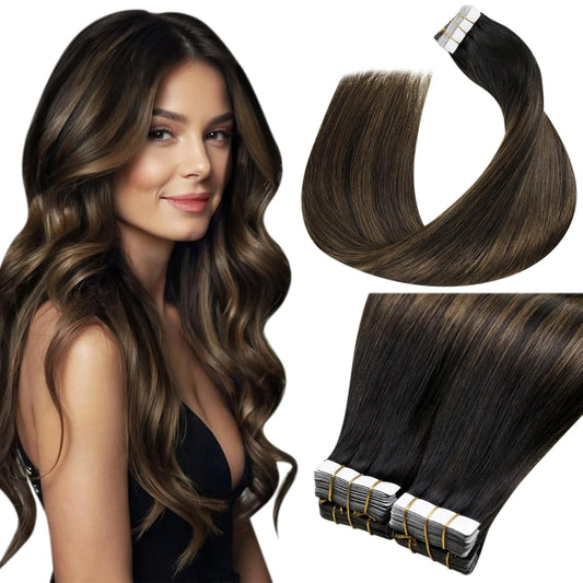 Laavoo Human Hair Extensions Tape in Invisible Tape in Hair Extensions Human Hair 20 Inch 100G Balayage Darkest Brown to Light Brown Tape in Human Hair Extensions Seamless Full Head 40Pcs