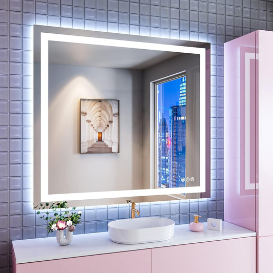 Amorho LED Bathroom Mirror 40''X 36'' with Front Light and Backlit, Stepless Dimmable Wall Mirrors with Anti-Fog, Shatter-Proof, Memory, 3 Colors, Double LED Vanity Mirror (Horizontal/Vertical)