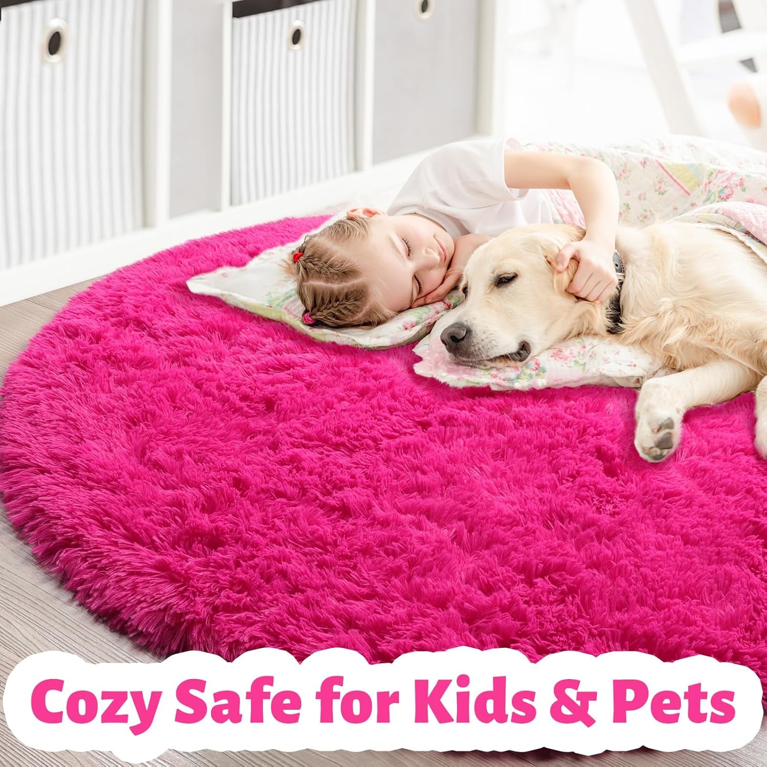 Amdrebio Ivory White round Circle Rug 6Ft for Kids Bedroom Aesthetic, Big Washable Fluffy Fuzzy Area Rugs for Living Room, Circular Plush Soft Shaggy Cream Carpet for Baby Nursery Teen Girls Boys