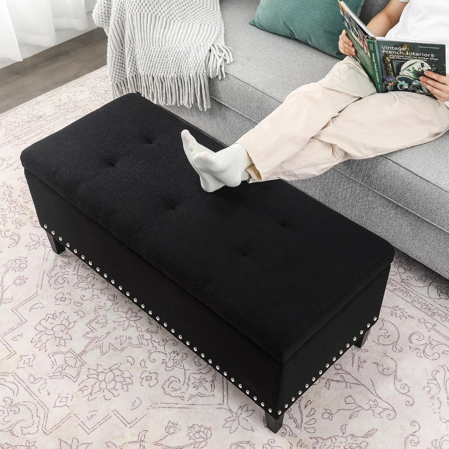 Joveco 41 Inch Storage Ottoman Bench, Cotton Linen Rectangle Tufted Long Foot Stool for Bedroom, End Foot of Bed, Light Beige