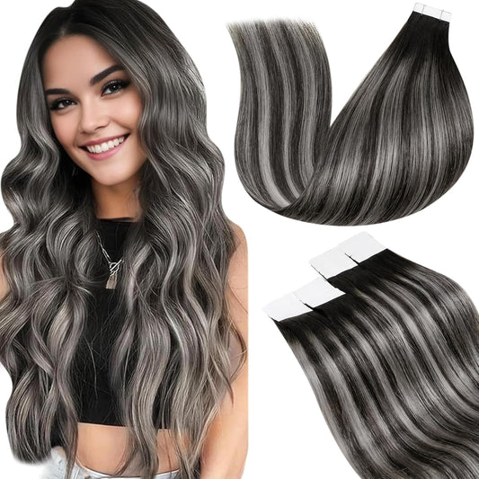 Laavoo Tape in Hair Extensions Human Hair Ombre Tape Hair Extensions Balayage Black to Silver Grey Hair Extensions Real Human Hair Tape in Seamless Skin Weft 24 Inch 20Pcs 50Grams
