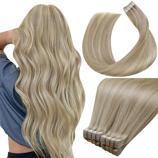 Laavoo Tape in Human Hair Extensions Dark Ash Blonde Highlighted with Light Blonde Invisible Tape in Hair Extensions Human Hair 40Pcs 100G 16 Inch