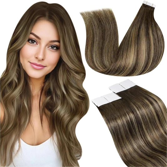 Laavoo Human Hair Tape in Extensions Balayage Brown to Caramel Blonde with Brown Tape in Human Hair Extensions Tape in Hair Extensions Real Human Hair Skin Weft 20Pcs 50G 16 Inch