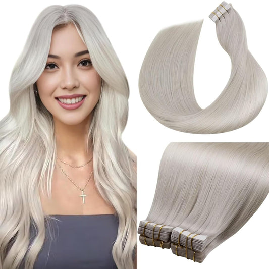 Laavoo Tape in Hair Extensions Human Hair Blonde Hair Extensions Tape in Real Human Hair 20 Inch Platinum Blonde Human Hair 40Pcs/100Gram