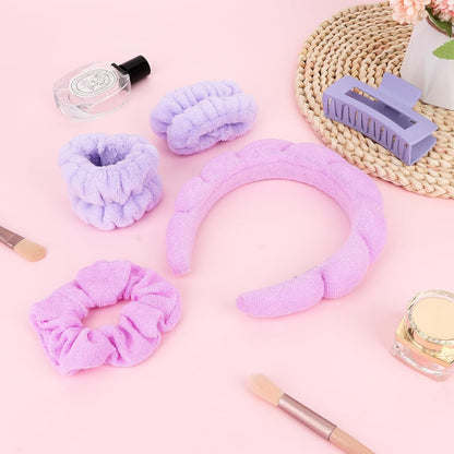 Ondder Pink Spa Headband and Wristband Set Makeup Spa Headband for Washing Face Bubble Skin Care Headbands Face Wash Sponge Puffy Headband Head Bands Hair Accessories for Women Girls
