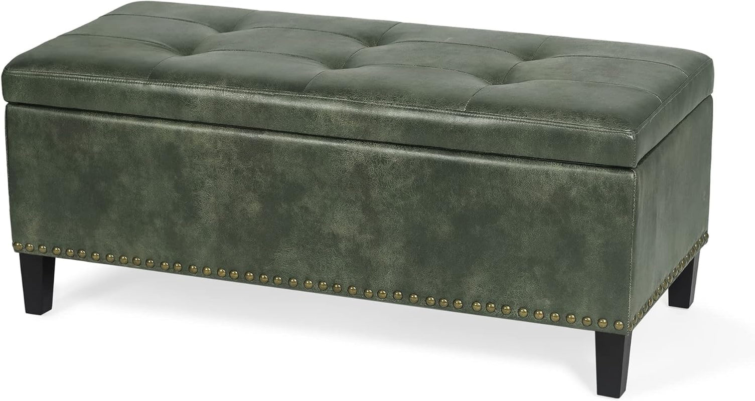 Joveco 41 Inches Storage Ottoman Bench,Leather Tufted Footstool Ottoman Bench with Nailhead Trim for Bedroom (Deep Green)